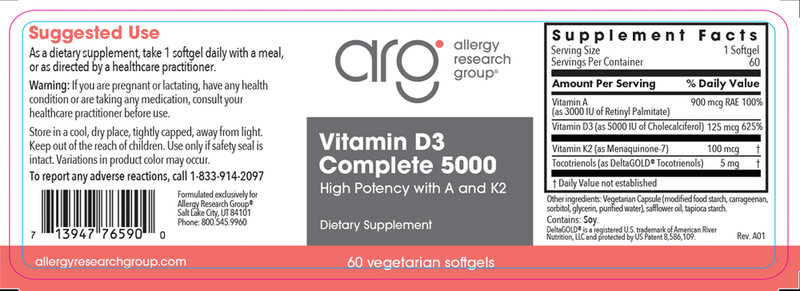 vitamin d3 complete 5000 high potency with a and k2 allergy research group label