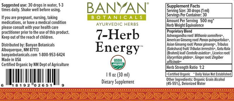 7 Herb Energy Liquid Organic (Banyan Botanicals) label