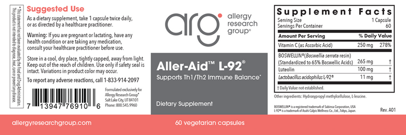 aller-aid l-92 allergy research group label