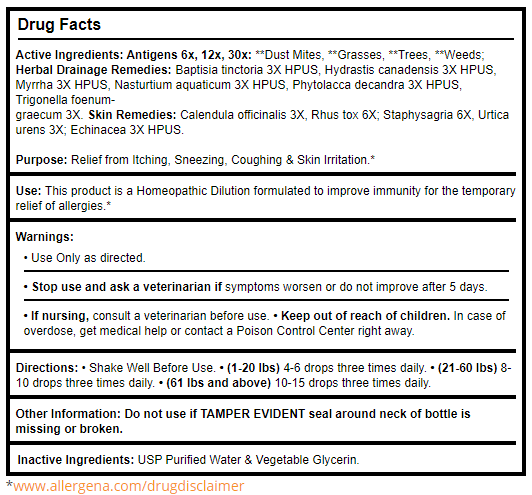 Allergena For Pets Alcohol Free Progena Drug Facts