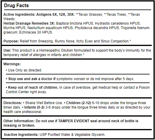 Allergena TX Cedar Fever KIDS Progena Drug Facts