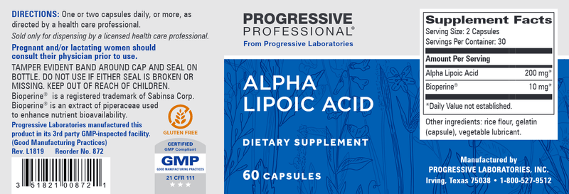 Alpha Lipoic Acid (Progressive Labs) Label