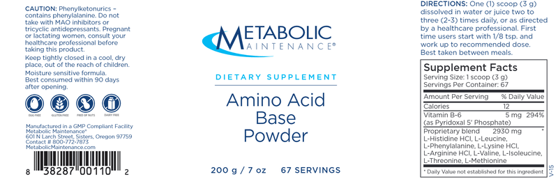 Amino Acid Base Powder Unflavored (Metabolic Maintenance) label