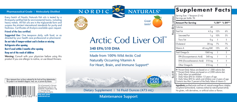 Arctic Cod Liver Oil 16 Fluid Ounces Orange