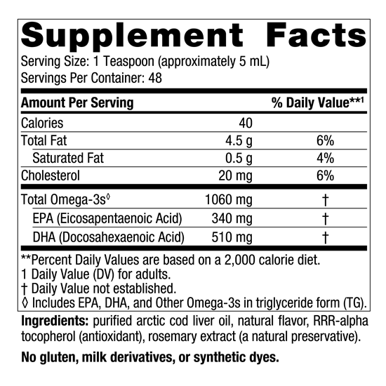 Arctic Cod Liver Oil Orange 16oz (Nordic Naturals) Supplement Facts