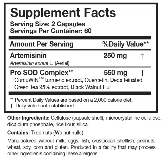 Artemisinin SOD Researched Nutritionals supplement facts