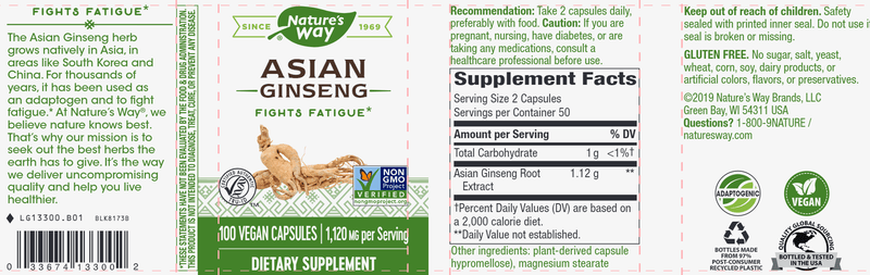 Asian Ginseng veg capsules (Nature's Way) 100ct Label