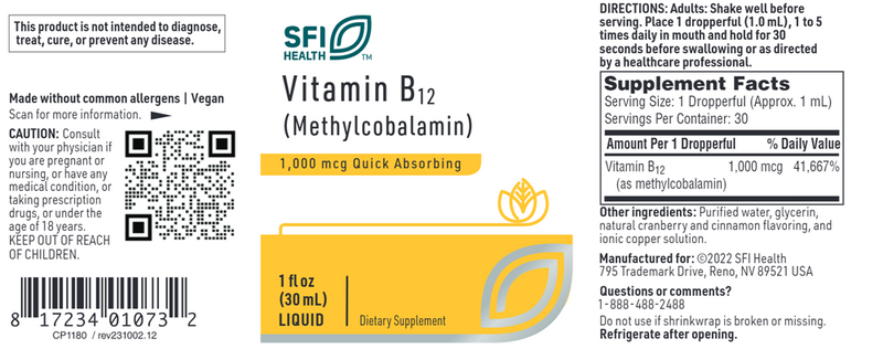 b12 liquid methylcobalamin sfi health label