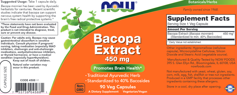 Bacopa Extract 450 mg (NOW) Label