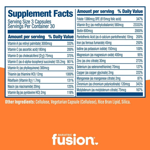 Multivitamin Capsule ADEK with 45mg IRON Bariatric Fusion supplement facts