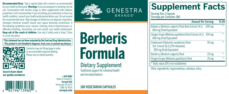 Berberis Formula 180ct label Genestra