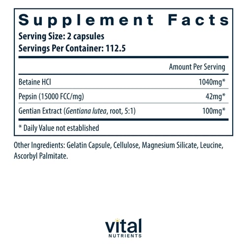 Betaine HCL Pepsin & Gentian Vital Nutrients supplements