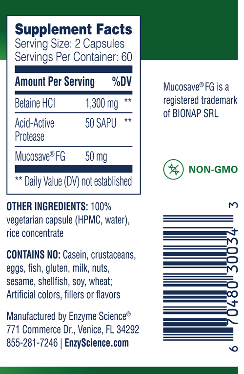 Betaine HCl - Enzyme Science supplement facts