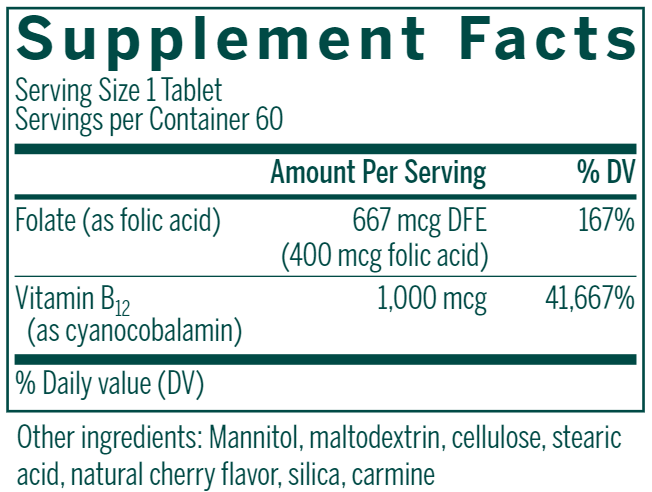 Bio B12 + Folic Acid supplement facts Genestra