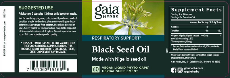 Black Seed Oil Gaia Herbs label