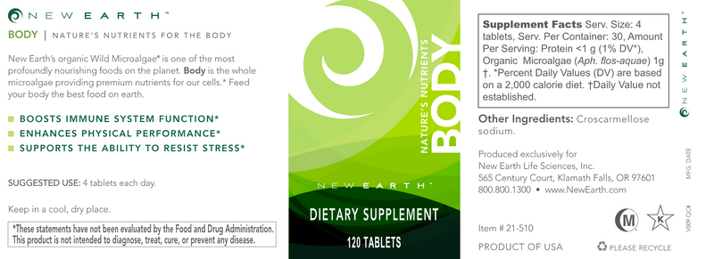 Body Tablets New Earth label