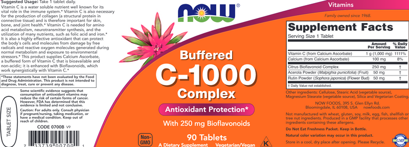 C-1000 (Buffered C) - 90 Tablets (NOW) Label