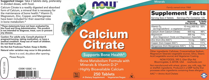 Calcium Citrate Tablets (NOW) Label