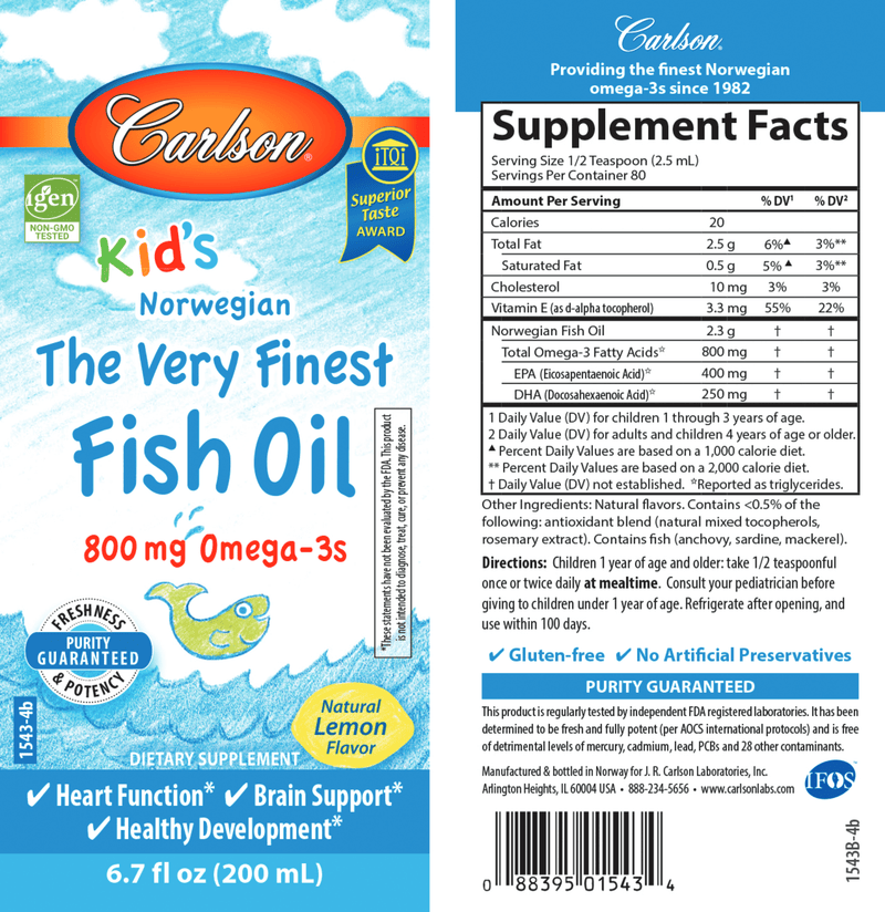 Carlson for Kids Fish Oil Lemon (Carlson Labs) label