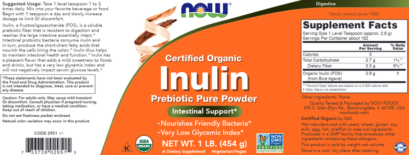 Certified Organic Inulin Prebiotic Pure Powder (NOW) Label