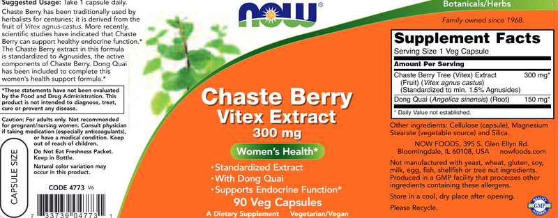 Chaste Berry Vitex Extract (NOW) Label