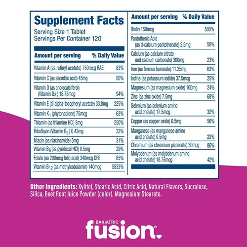 Chewable ADEK Multivitamin Berry Flavor Bariatric Fusion supplement facts