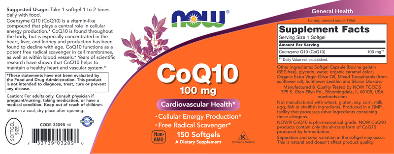 CoQ10 100 mg - 150 Softgels (NOW) Label