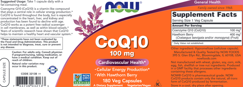 CoQ10 100 mg - 180 Capsules (NOW) Label