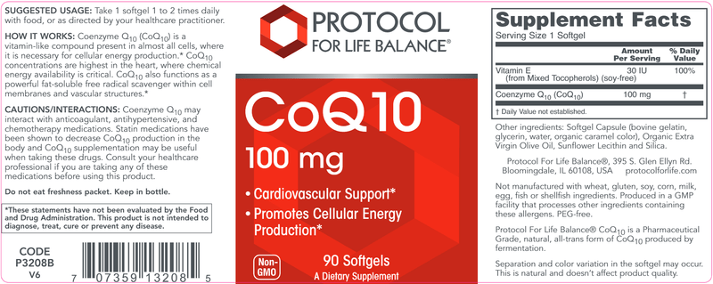 CoQ10 100 mg (Protocol for Life Balance) Label