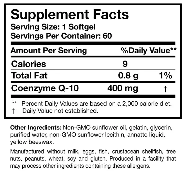 CoQ10 Power Researched Nutritionals supplement facts