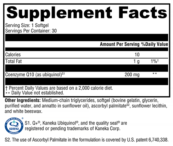 CoQmax Ubiquinol 200 mg (Xymogen) Supplement Facts