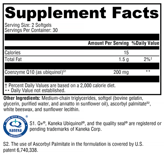 CoQmax Ubiquinol (Xymogen) Supplement Facts