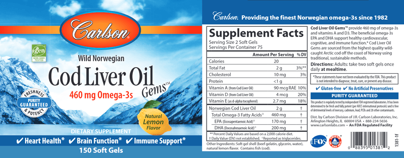 Cod Liver Oil 460 mg (Carlson Labs) label