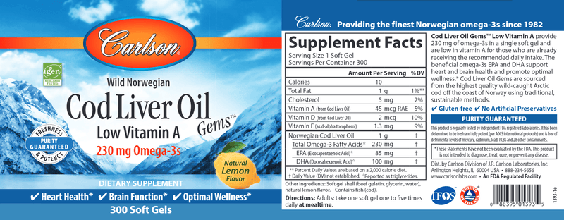 Cod Liver Oil Low Vitamin A (Carlson Labs) label