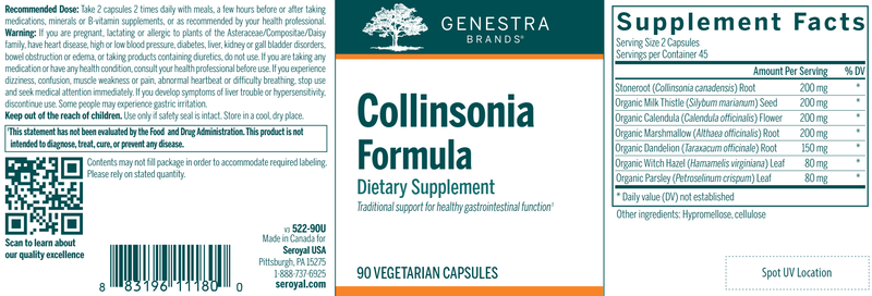 Collinsonia Formula label Genestra