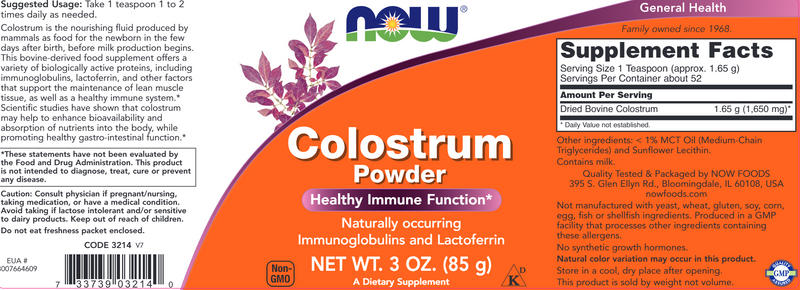 Colostrum Powder (NOW) Label