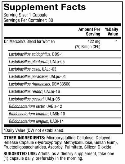 Complete Probiotics for Women (Dr. Mercola) supplement facts
