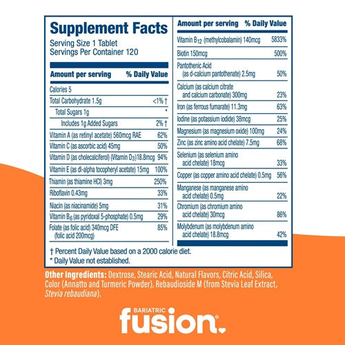 Complete Chewable Multivitamin Orange Cream Bariatric Fusion supplement facts