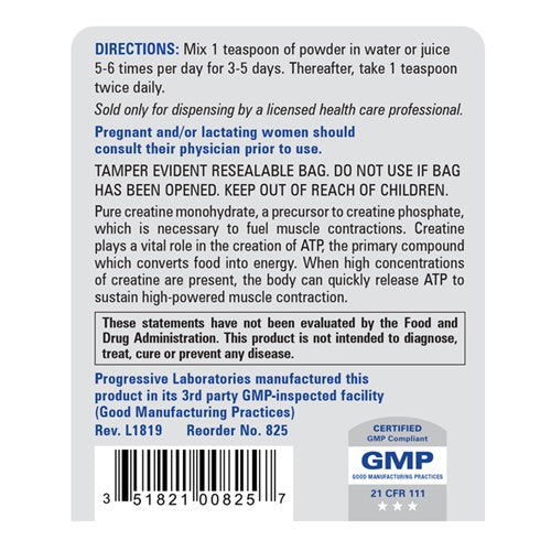 Creatine Powder Progressive Labs label