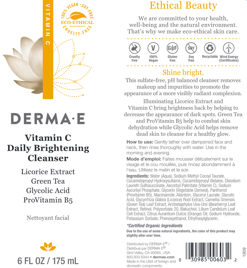 Daily Brightening Cleanser (DermaE) label