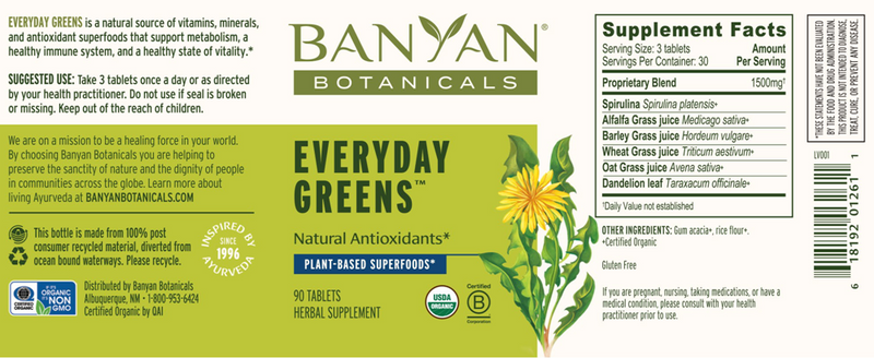 Everyday Greens Tablets Organic (Banyan Botanicals) label