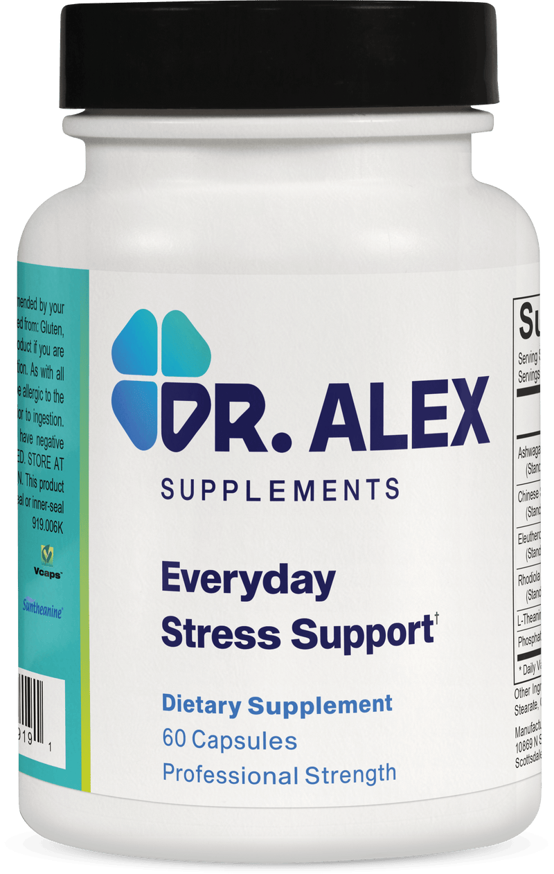 everyday stress support - doctor alex supplements | ashwagandha | skullcap | eleuthero | rhodiola root | L-theanine | phosphatidylserine