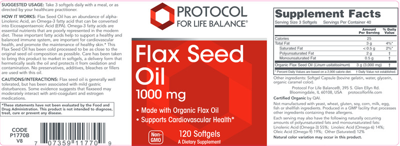 Flax Seed Oil 1000 mg (Protocol for Life Balance) Label