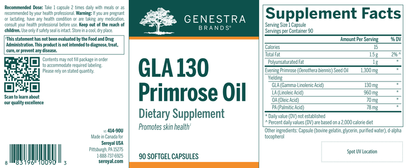 GLA 130 Primrose Oil label Genestra