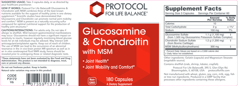 Glucosamine & Chondroitin w/ MSM (Protocol for Life Balance) 180ct Label