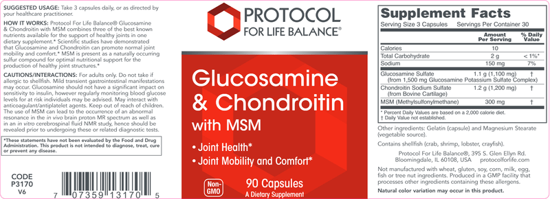 Glucosamine & Chondroitin w/ MSM (Protocol for Life Balance) 90ct Label