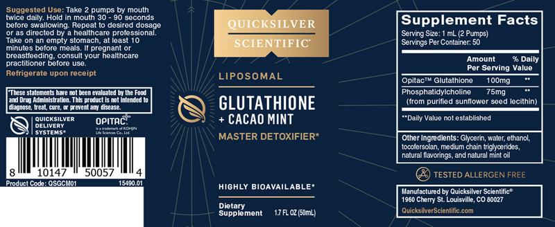 glutathione+ cacao mint quicksilver scientific label