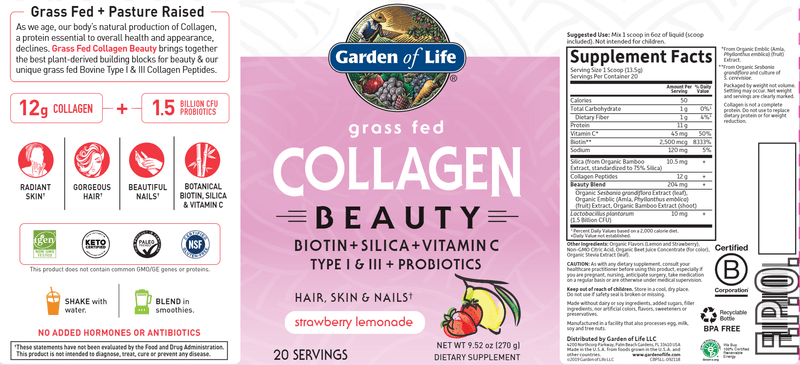 Grass Fed Collagen Beauty Strawberry Lemonade (Garden of Life) Label