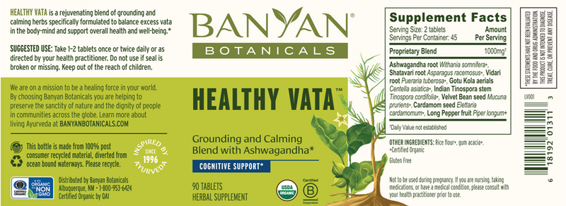 healthy vata (organic) banyan botanicals label