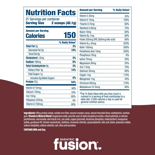 High Protein Meal Replacement - Chocolate Bariatric Fusion nutrition facts